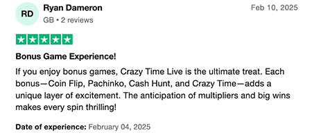 Review 1 at Crazy Time by TrustPilot